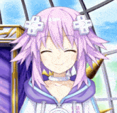 a purple haired anime character with white crosses on her head