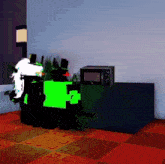 a drawing of a person standing next to a microwave and a green block