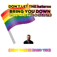 a poster with a rainbow flag and the words do n't let the heteros bring you down they punch hard tho