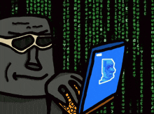 a cartoon of a man wearing sunglasses looking at a laptop screen