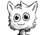 a black and white drawing of a cat 's face with big eyes