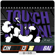 a cartoon drawing of a football player laying on the field with the words touch down behind him
