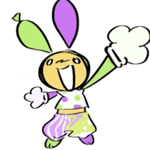 a cartoon drawing of a bunny with a purple and green headband
