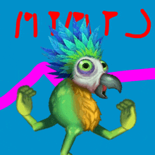 a colorful parrot is standing in front of a blue background with a pink arrow and the word " myth " written in red