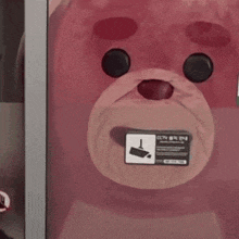 a close up of a pink teddy bear with a label that says cctv on it