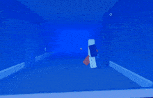 a cartoon character in a blue hallway with a smiley face