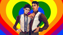 a couple of men standing next to each other with a rainbow heart in the background
