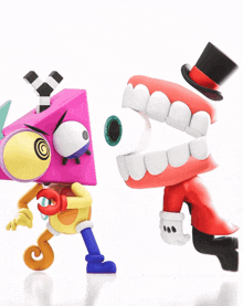 a cartoon character with a top hat and a mouth with teeth