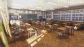 an empty classroom with desks and chairs and a black board