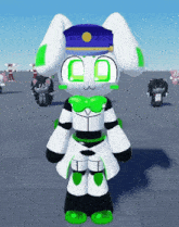 a cartoon character with a blue hat and green eyes