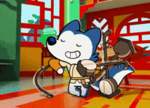 a cartoon of a dog playing a musical instrument in a room