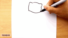 a person is drawing a cat on a piece of paper with a drawbook logo in the corner