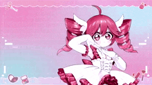 a girl with pink hair and white wings is standing in front of a pink background