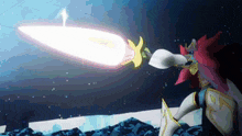 a cartoon character is holding a sword and shooting a light beam