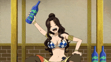 a woman in a bikini is holding a blue bottle that says ' o '