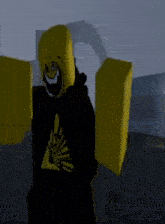 a cartoon character with a smiley face on his face is standing in a dark room .