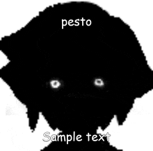 a black silhouette of a person with white eyes and the words pesto sample text