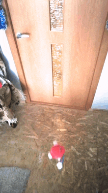 a wooden door with a white handle and a red item in front of it