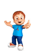 a cartoon boy is giving a thumbs up and wearing a blue shirt