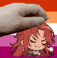 a pixel art drawing of a girl with red hair and a white hand on her head