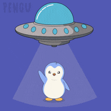 a cartoon of a penguin being abducted by a flying saucer