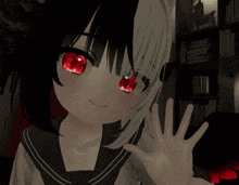 a girl with red eyes and white hair is waving her hand