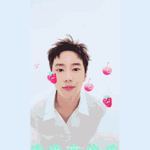 a man with a strawberry and cherry on his face is on a tiktok video