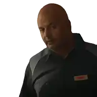 a man in a black shirt says what 's he doing on a white background