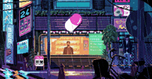 a pixel art of a city with a special offer sign