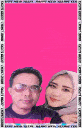 a man and a woman are standing next to each other on a pink background with the words happy new year on it