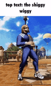 a man in a blue suit is walking on a sidewalk with the caption top text : the shiggy wiggy