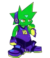a green and purple cartoon character is holding a microphone in his hand .