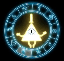 bill cipher from gravity falls is glowing in a circle