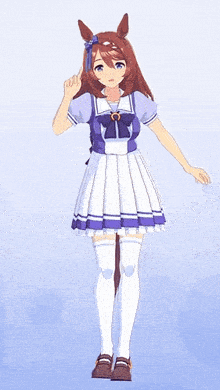 a girl in a purple and white dress with a horse 's tail