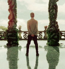 a man stands in front of a balcony with columns and a reflection of himself
