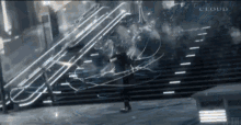 a computer generated image of a person walking down stairs with the word cloud in the corner