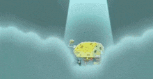 a spongebob squarepants cartoon character is flying through the air in the clouds .