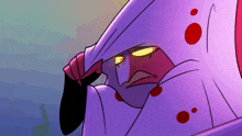 a purple cartoon character with yellow eyes and red spots