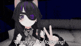 a black and white anime character giving a peace sign with the words thank you for following below her