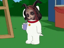a cartoon dog holding a drink with a picture of a woman behind it