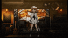 a girl in a sailor outfit stands in front of a stained glass wall