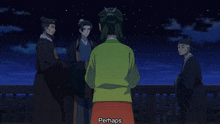 a woman in a green shirt is standing in front of a group of men and says you should ask the young lady over there