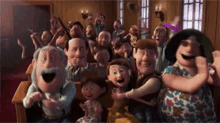 a group of cartoon characters are sitting in a church and laughing .