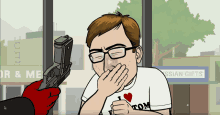 a cartoon of a man covering his mouth while holding a gun