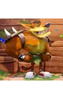 crash bandicoot from the video game crash bandicoot is standing in front of a wooden wall
