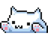 a pixel art drawing of a blue cat with pink paws laying down on a white background .