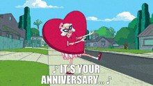 a cartoon of an elderly woman holding a heart with the words " it 's your anniversary " below her