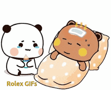 a cartoon panda is using a stethoscope to listen to a brown bear 's heartbeat .