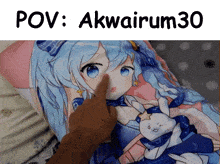 a person pointing at a girl on a pillow with the words pov akwairum30 below it