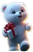 a white teddy bear is holding a small white gift box with a red bow